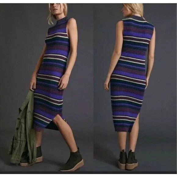 NWT Anthropologie Dolan Anne Ribbed Purple Striped Mock Neck Midi Dress 2X Work - Picture 2 of 10